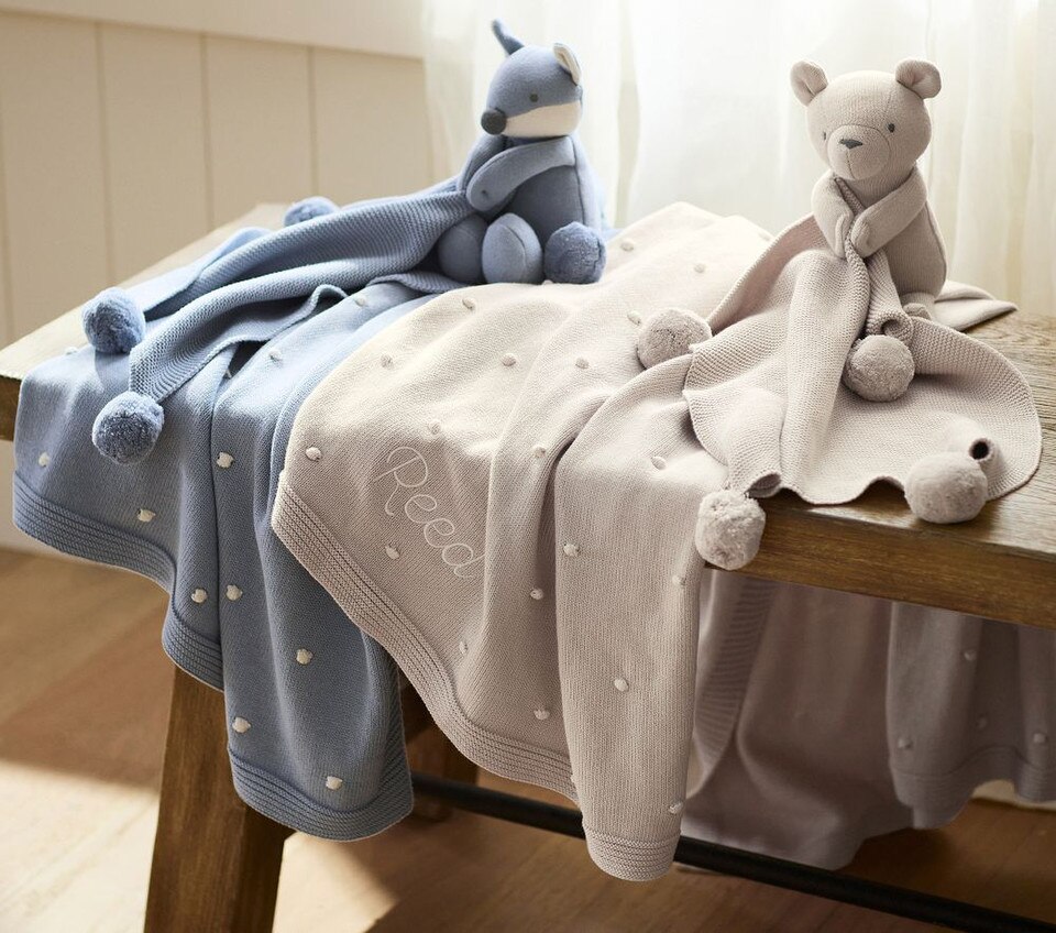 Cotton Sweater Knit Baby Blanket and Fox Security Blanket Set