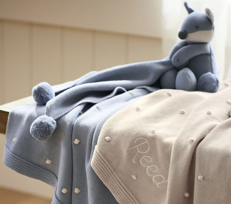 Cotton Sweater Knit Baby Blanket and Fox Security Blanket Set