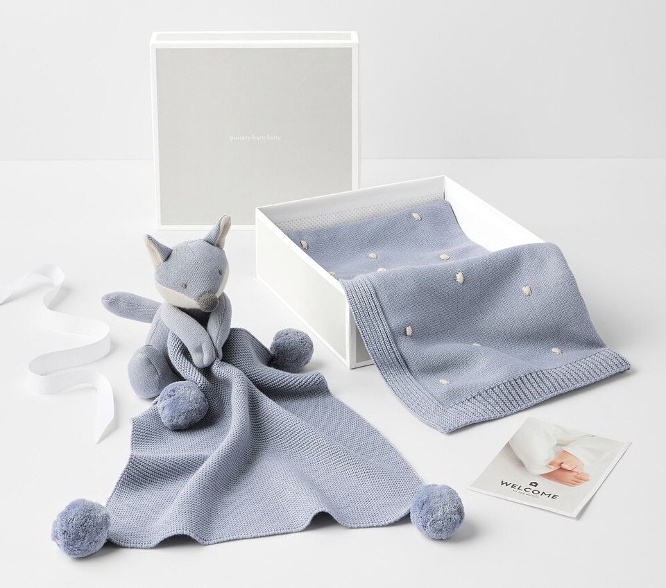 Cotton Sweater Knit Baby Blanket and Fox Security Blanket Set