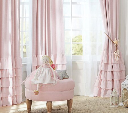 Evelyn Linen Blend Ruffle Bottom Blackout Curtain Panel Evelyn Linen Blend Ruffle Bottom, Pink Ruffle Curtain