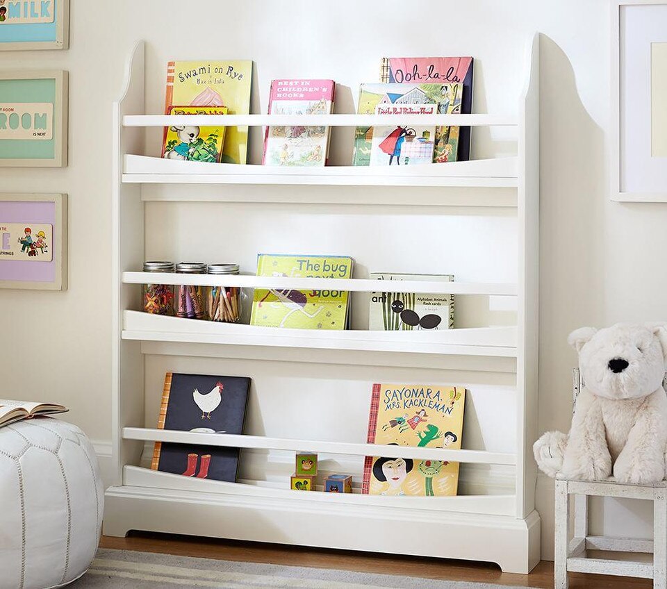 Image of a white book rack featuring clean lines and modern design.